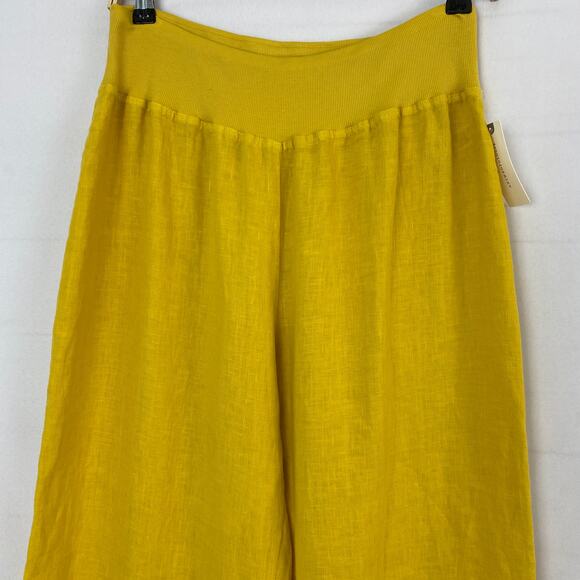 Anthropologie Wide‎ Leg Linen Cropped Pants Women L Yellow Pom Pom Trim Pull On - Picture 3 of 12